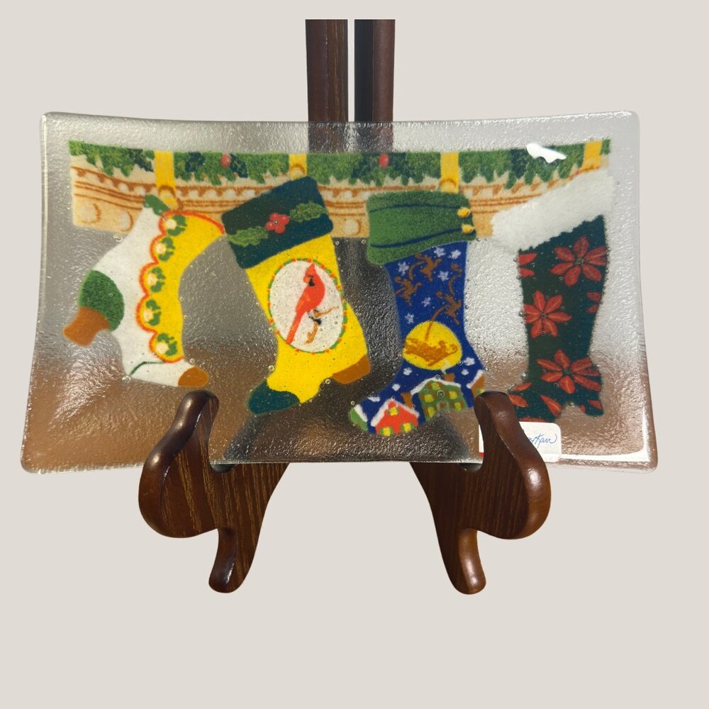 Peggy Karr Art Glass Christmas Stockings Tray – Handmade – Collector Piece